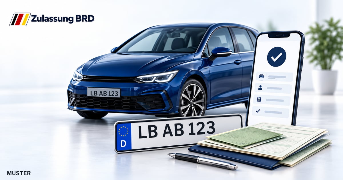 Online Fahrzeugzulassung in Bietigheim-Bissingen: Musterkennzeichen LB AB 123, Auto und Fahrzeugpapiere und Smartphone. Illustration mit Logo von Zulassung BRD.